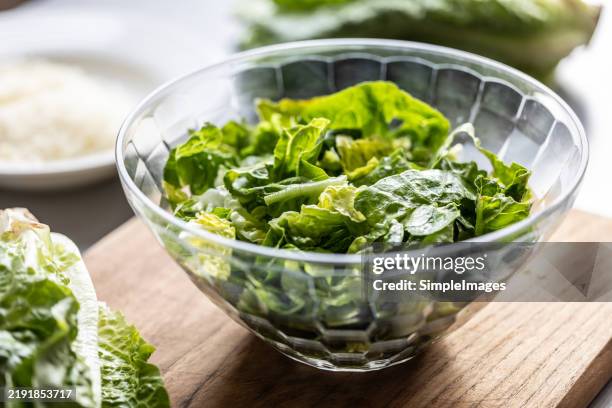 torn romaine lettuce in a bowl on the kitchen table - romaine lettuce stock pictures, royalty-free photos & images