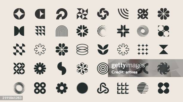 ilustraciones, imágenes clip art, dibujos animados e iconos de stock de conjunto vectorial de elementos de diseño de símbolos de estilo bauhaus geométricos minimalistas - sencillez