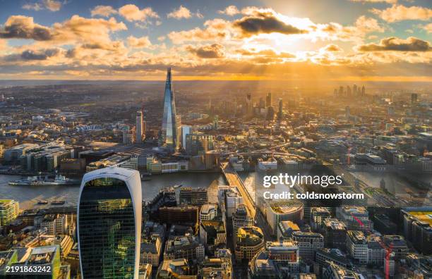 aerial view of central london skyline at sunset - london stock pictures, royalty-free photos & images