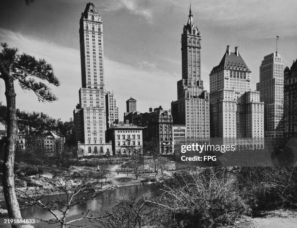 The Sherry-Netherland Hotel, the Savoy-Plaza Hotel, and the Squibb Building, on Fifth Avenue, as seen from Central Park on Manhattan's Upper East...