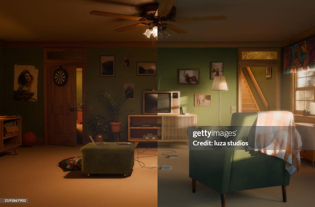 Gemütliches Retro-Wohnzimmer-Interieur mit grünen Wänden und Vintage-Möbeln Tag und Nacht Splitscreen