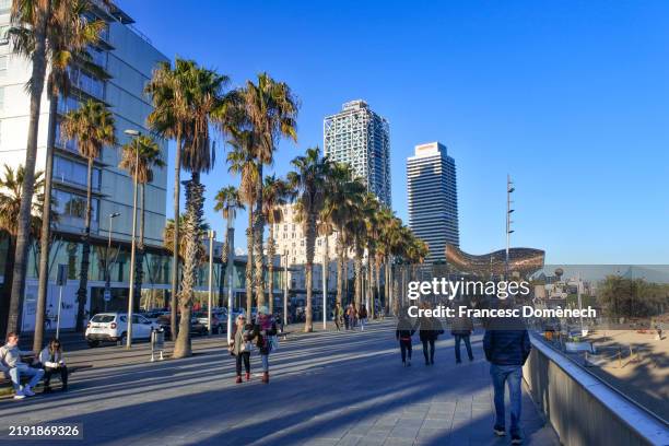 barcelona beach promenade - olympic walk stock pictures, royalty-free photos & images