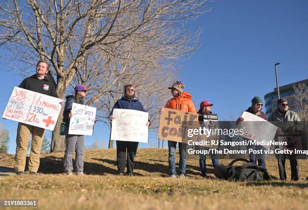 Members of Lovelands Professional Ski Patrol Union along with Eldora Professional Ski Patrol Union protested outside Vail Resorts Headquarters in...