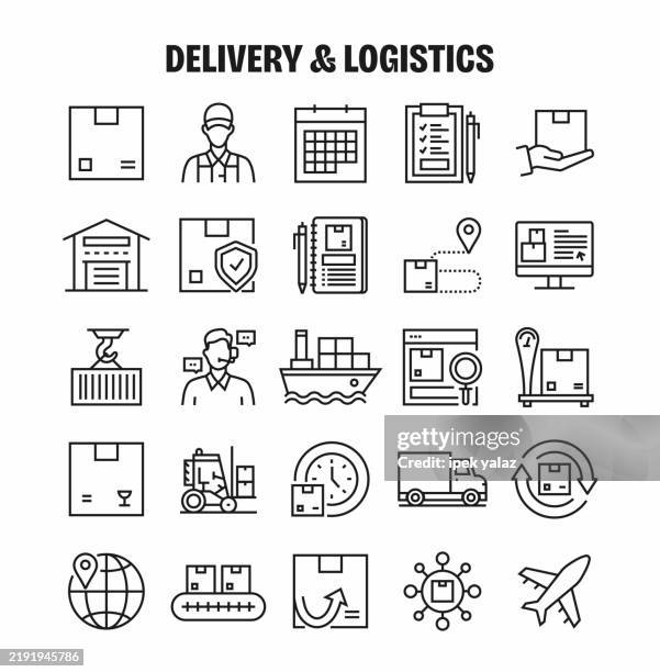 delivery and logistics related line vector icon set. editable stroke. - freight train stock illustrations