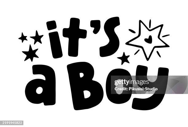 it s a boy, hand drawn vector lettering phrase. design for holiday greeting card and invitation of baby shower, birthday, party invitation. - gift returns stock illustrations