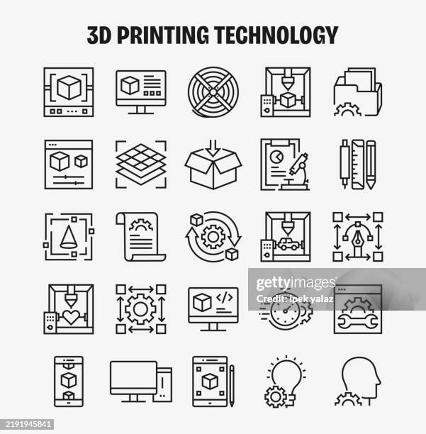 3d printing technology related line vector icon set. editable stroke. - polymer stock illustrations