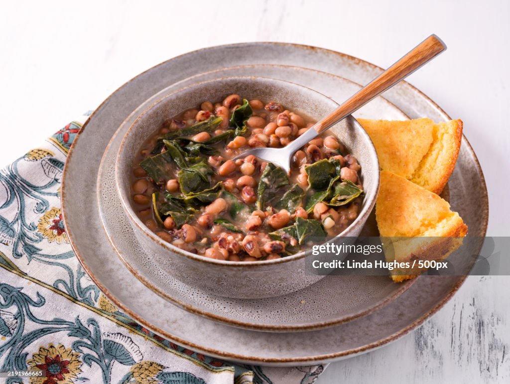 Black-eyed peas and collard greens with corn bread,Manassas,Virginia,United States,USA