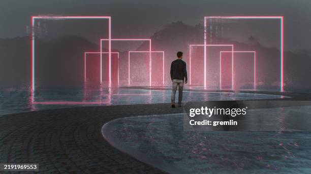 young man walking in fantasy landscape - leave the past stock pictures, royalty-free photos & images