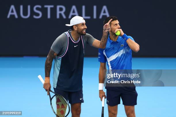 Novak Djokovic and Nick Kyrgios talks tactics during their doubles match against Michael Venus and Nikola Mektic during day four of the 2025 Brisbane...