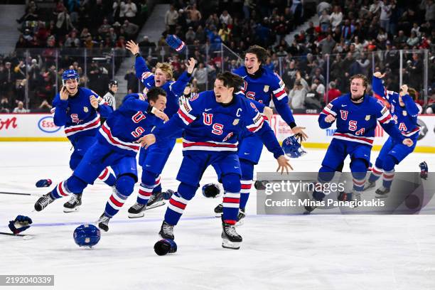 Team USA celebrates an overtime victory against Team Finland to win gold during the 2025 IIHF World Junior Championship at Canadian Tire Centre on...
