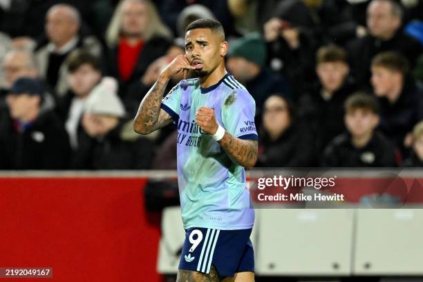 Gabriel Jesus of Arsenal celebrates scoring his team's first goal during the Premier League match between Brentford FC and Arsenal FC at the...