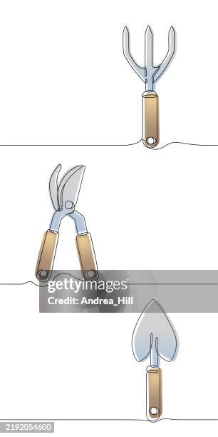 gardening trowel, pruning shears, gardening fork hand rake single line drawings with editable stroke - hand fork white background stock illustrations