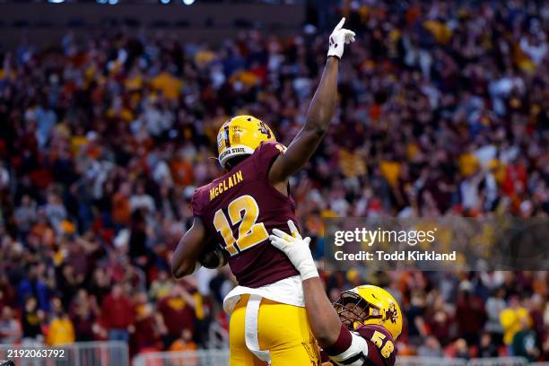 Malik McClain of the Arizona State Sun Devils reacts after a touchdown during the fourth quarter against the Texas Longhorns in the Chick-fil-A Peach...