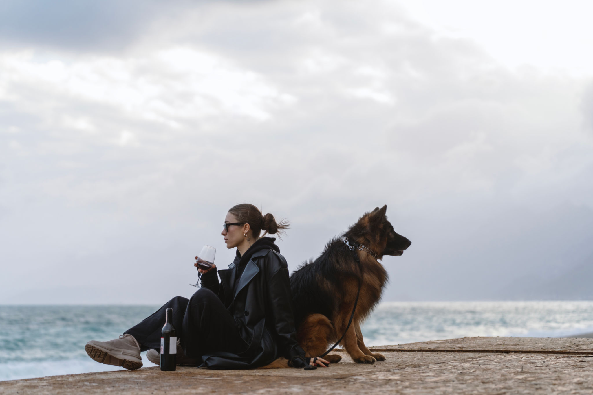 Beautiful woman with german shepherd drinking wine on the beach Beautiful woman with german shepherd drinking wine on the beach