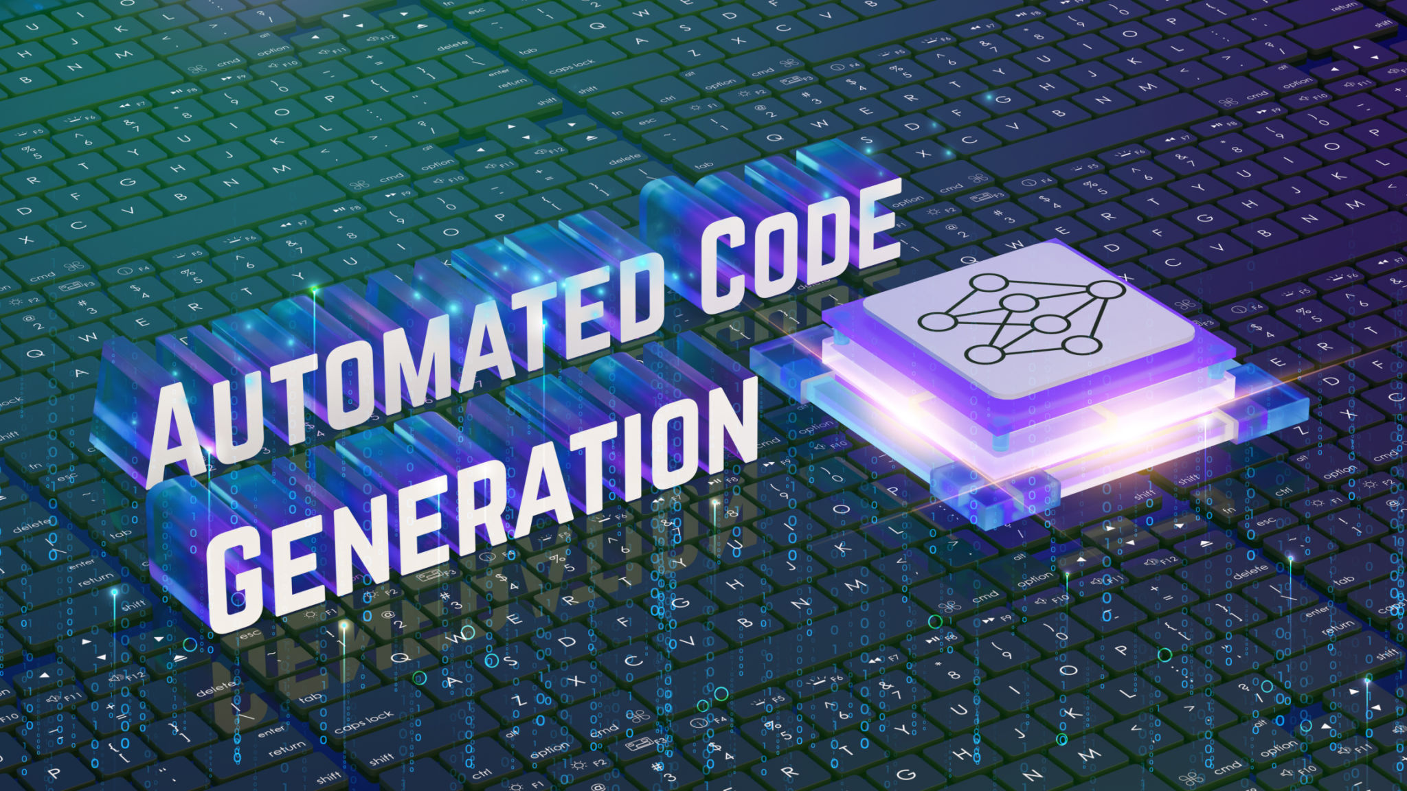 Automated code generation, glowing neon text, digital background, matrix-style letters, neural network icon, isometric 3D design, vibrant blue and purple, holographic effect, 3D render. Automated code generation, glowing neon text, digital background, matrix-style letters, neural network icon, isometric 3D design, vibrant blue and purple, holographic effect, 3D render.