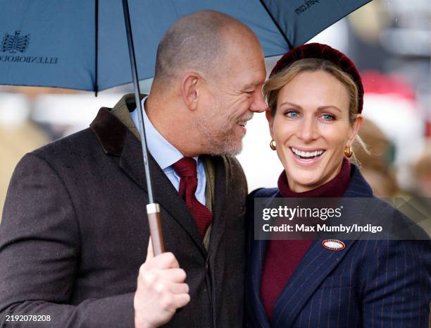 Mike Tindall and Zara Tindall attend the New Year's Day Racing Meet at Cheltenham Racecourse on January 1, 2025 in Cheltenham, England.