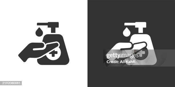 stockillustraties, clipart, cartoons en iconen met hand sanitizer glyph solid icon. black and white icon series. perfect pixel isolated on white and black background - handdesinfectiemiddel