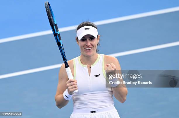 Kimberly Birrell of Australia celebrates victory after her match against Anastasia Potapova during day five of the 2025 Brisbane International at Pat...