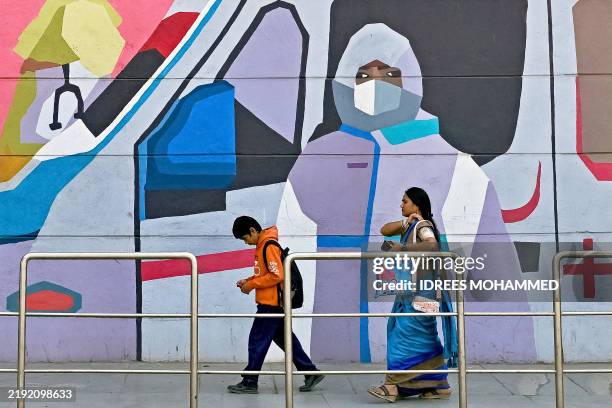 Pedestrians walk past a wall mural promoting awareness on using face masks, in Bengaluru on January 6 amid concerns and alleged media reports stating...