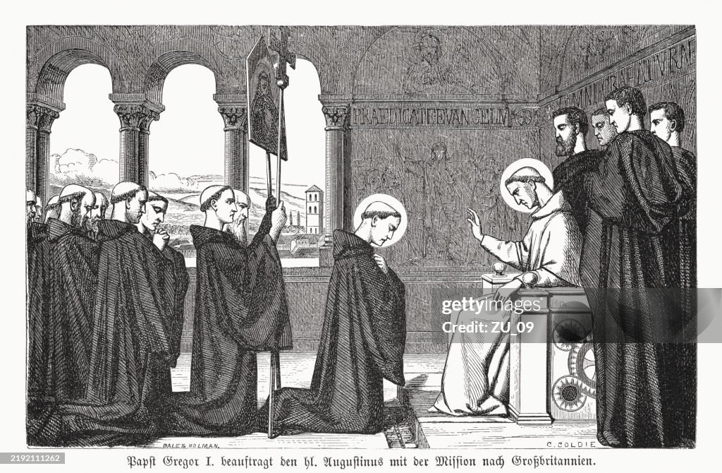 Gregory commissioned Augustine to evangelize Britain, wood engraving, published 1883
