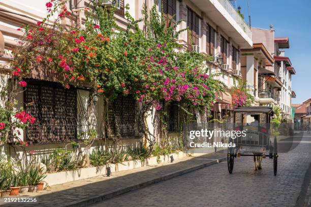 strada panoramica acciottolata con architettura coloniale spagnola e fiori a vigan, filippine - filippino foto e immagini stock