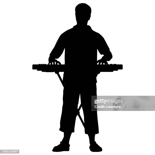 man playing keyboard silhouette - man keys white background stock illustrations