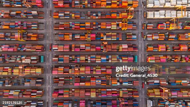 aerial top view of cargo container in stockyard. - shipping container top view - fotografias e filmes do acervo