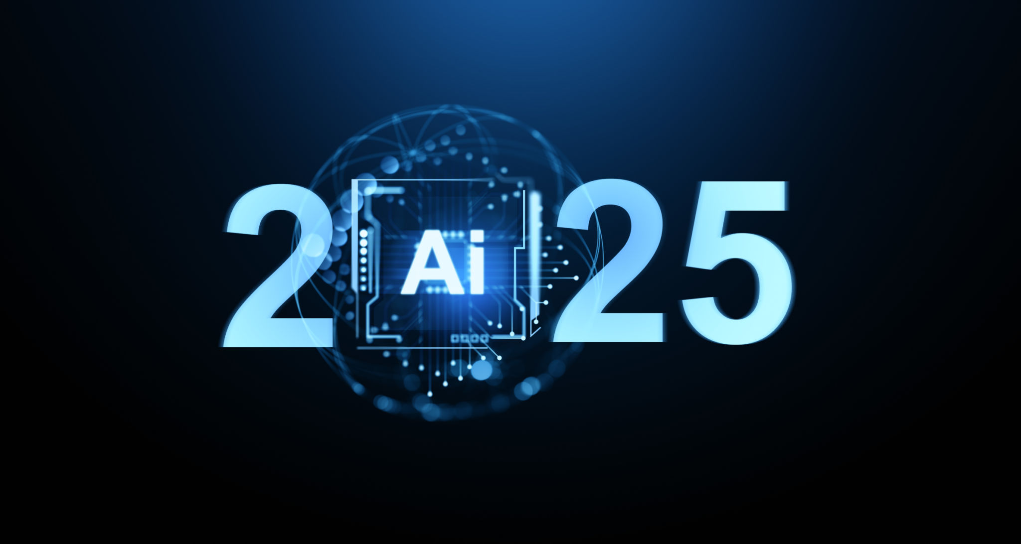 AI technology concept in 2025 with futuristic digital circuit board chip glowing in the middle of numbers with dark blue background. 3D Rendering AI technology concept in 2025 with futuristic digital circuit board chip glowing in the middle of numbers with dark blue background. 3D Rendering