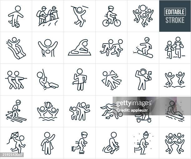 active children thin line icons - editable stroke - icons include children playing, hiking, riding bike, swinging, playing sports, dancing, running, pretending, skiing, sledding, jumping, swimming, exercising - active-lifestyle-background stock illustrations