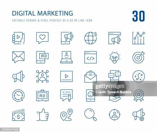 illustrazioni stock, clip art, cartoni animati e icone di tendenza di set di icone di marketing digitale - social media marketing