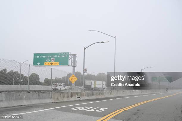 View of roadway near San Francisco International Airport during heavy fog in San Francisco, California, United States on January 6, 2025.