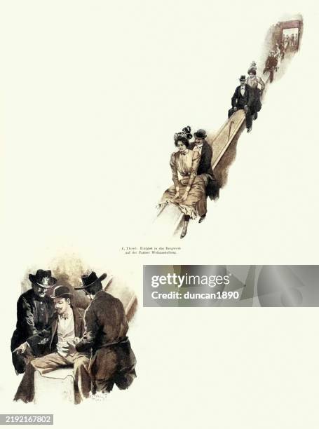 people sliding down a slide, amusement fair, victorian, 1890s, 19th century - amusement park slide stock illustrations