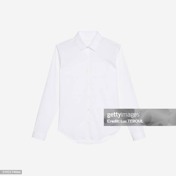 white shirt on white background - camisa con botones fotografías e imágenes de stock