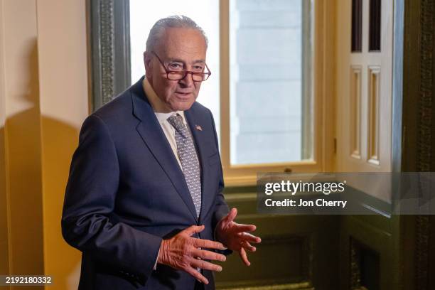 Senate Minority Leader Chuck Schumer speaks during a January 6th Insurrection commemoration press conference at the U.S. Capitol on January 6, 2025...