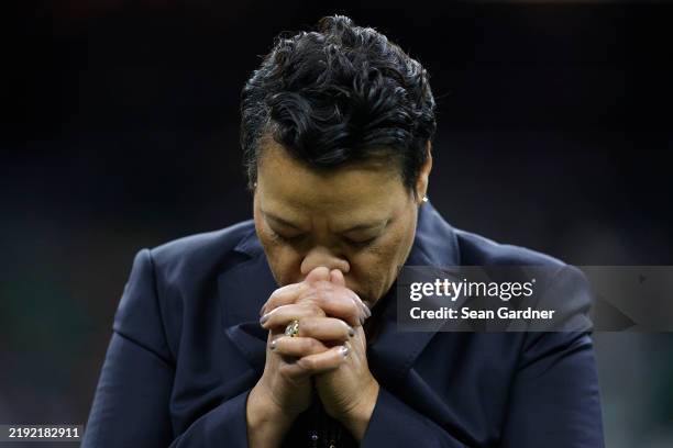 New Orleans Mayor Latoya Cantrell observes a moment of silence for the victims of the tragedy on January 1, prior to the 91st Allstate Sugar Bowl...