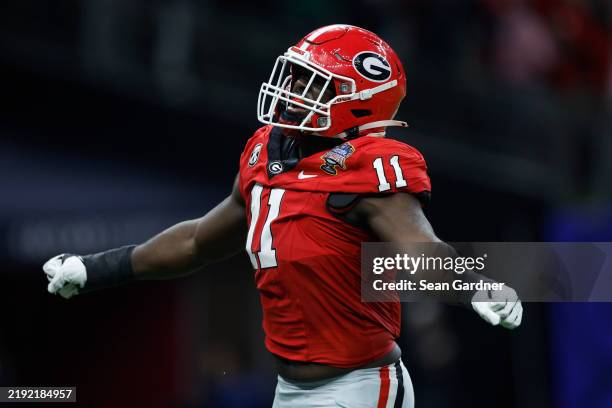 Jalon Walker of the Georgia Bulldogs reacts after breaking up a pass during the first quarter against the Notre Dame Fighting Irish during the 91st...