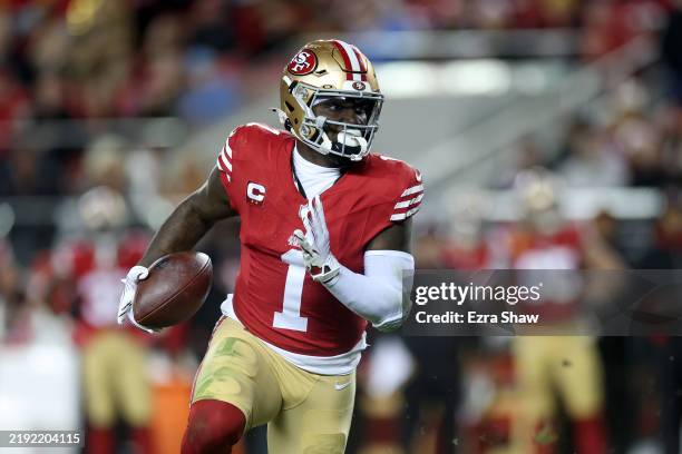 Deebo Samuel Sr. #1 of the San Francisco 49ers in action against the Detroit Lions at Levi's Stadium on December 30, 2024 in Santa Clara, California.
