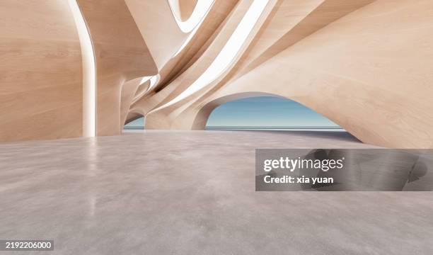 empty hall inside curvilinear architecture - mens gemaakte bouwwerken stockfoto's en -beelden