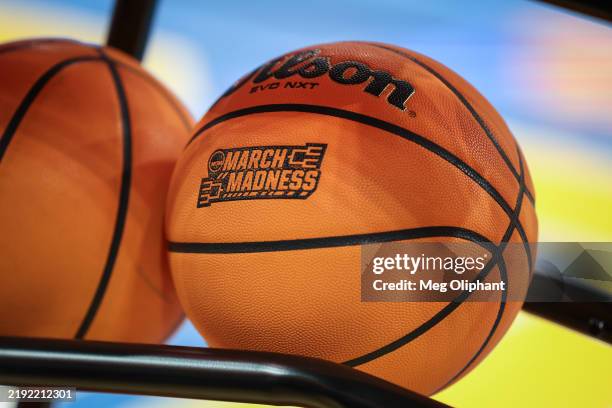 March Madness basketball rests on a stand before the game between the UCLA Bruins and the Michigan Wolverines at UCLA Pauley Pavilion on January 01,...