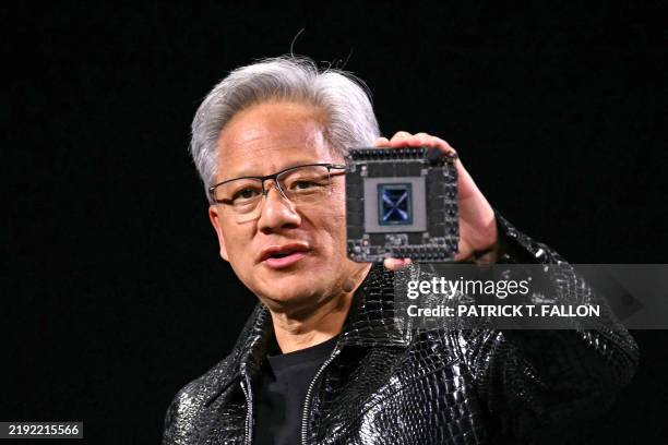 Nvidia CEO Jensen Huang delivers a keynote address at the Consumer Electronics Show in Las Vegas, Nevada on January 6, 2025. Gadgets, robots and...