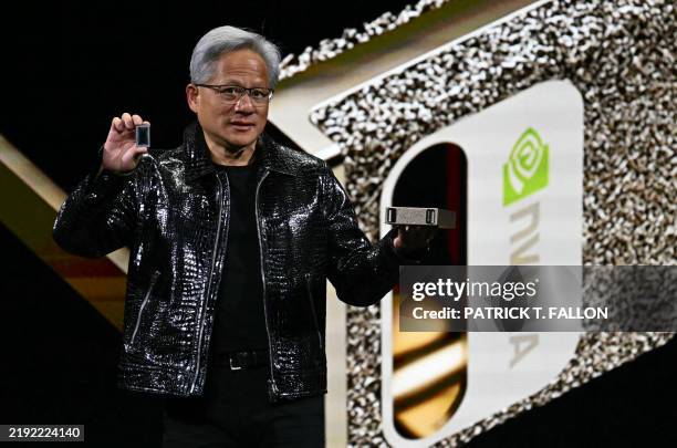 Nvidia CEO Jensen Huang speaks about Project Digits personal AI supercomputer for researchers and students during a keynote address at the Consumer...