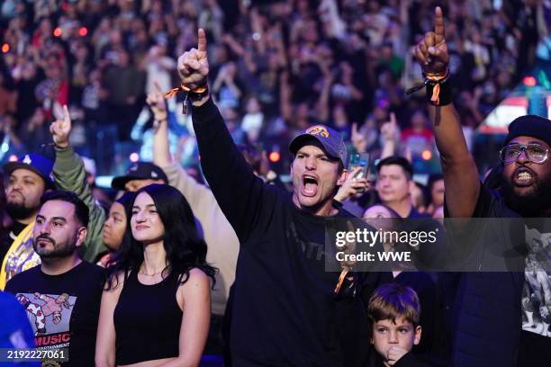 Ashton Kutcher attends Monday Night RAW at Intuit Dome on January 6, 2025 in Inglewood, California.
