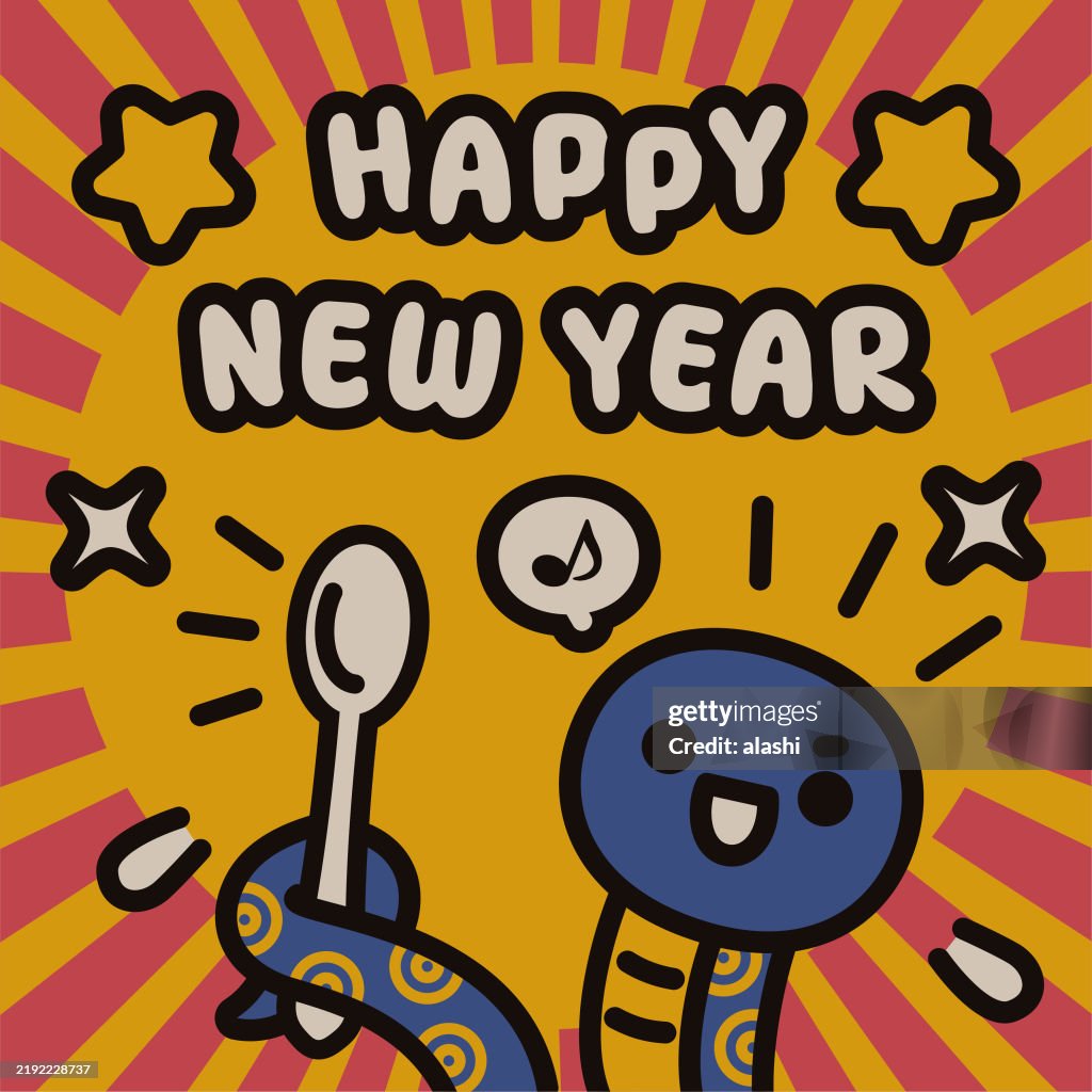 A cute snake holding a spoon, a radial sunburst pattern background, Happy New Year!