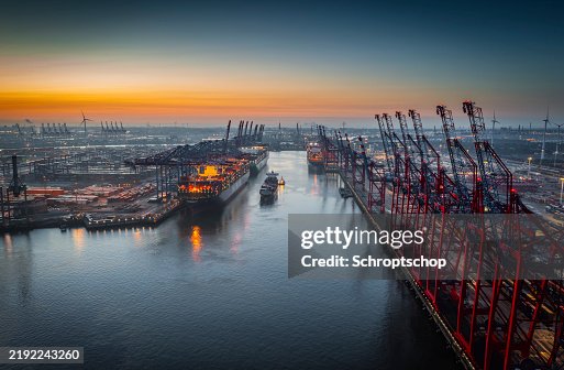 Aerial view Industrial port with Container port in Hamburg, Germany Aerial view Industrial port with Container port in Hamburg, Germany