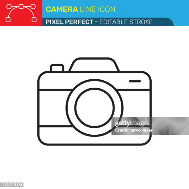 bildbanksillustrationer, clip art samt tecknat material och ikoner med minimalist camera icon in line art with black outline and white background - red and blue header, simple shapes, and clean aesthetic - pixel perfect with editable stroke - ui and ux vector icons. - filmkamera