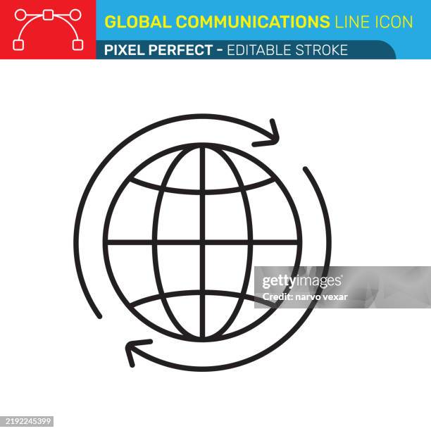 ilustrações de stock, clip art, desenhos animados e ícones de global communications icon with globe and circular arrows - minimalist design, worldwide network, digital connectivity - pixel perfect with editable stroke - ui and ux vector icons. - finanças internacionais