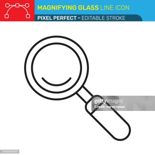 illustrazioni stock, clip art, cartoni animati e icone di tendenza di icona della lente d'ingrandimento - design minimalista, simbolo di ricerca, icona dello zoom, linee pulite, lente circolare - pixel perfetti con tratto modificabile - icone vettoriali ui e ux. - lente dingrandimento