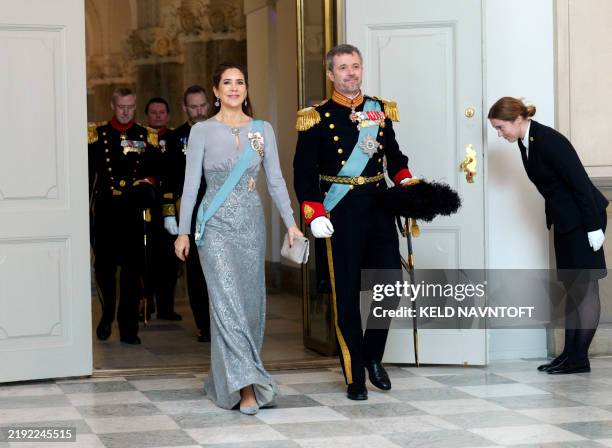 King Frederik X and Queen Mary of Denmark arrive at the royal couple's New Year's reception for officers from the armed forces and the emergency...