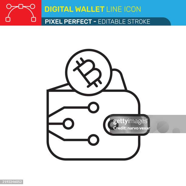 ilustraciones, imágenes clip art, dibujos animados e iconos de stock de icono de billetera digital con símbolo de bitcoin - gráfico de criptomoneda, diseño minimalista, líneas limpias, ilustración fintech - píxel perfecto con trazo editable - iconos vectoriales de interfaz de usuario y ux. - cartera vacía