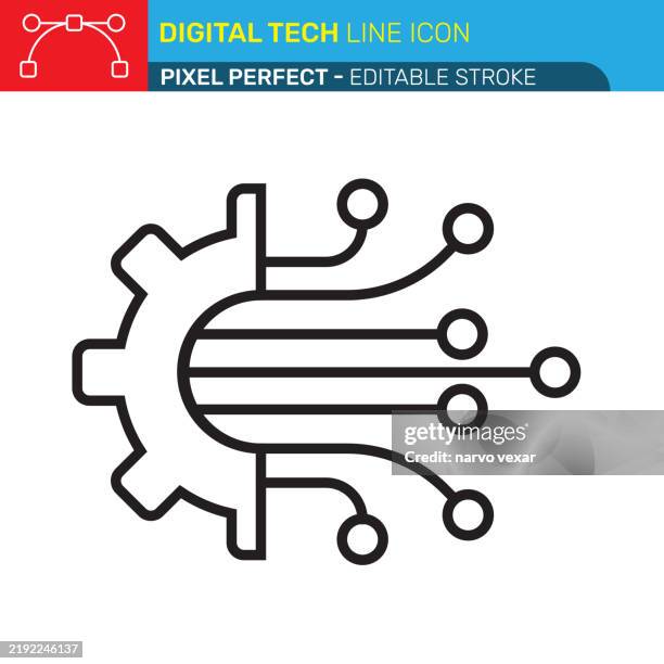 digital technology icon - gear with circuitry, minimalist design, integration symbol, digital transformation, clean lines - pixel perfect with editable stroke - ui and ux vector icons. - digital transformation white background stock illustrations